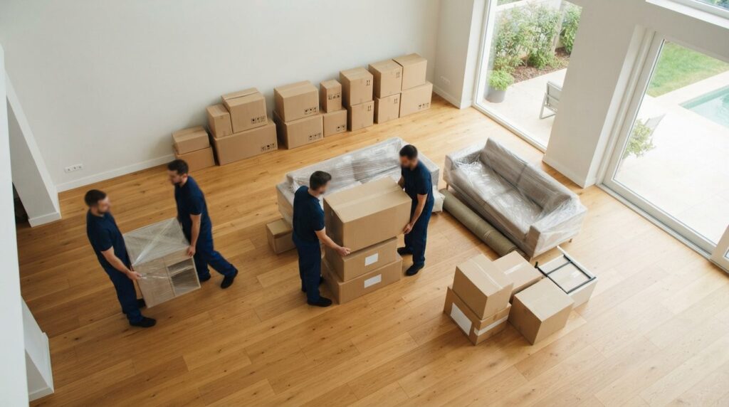Photorealistic overhead shot of a moving company team carefu