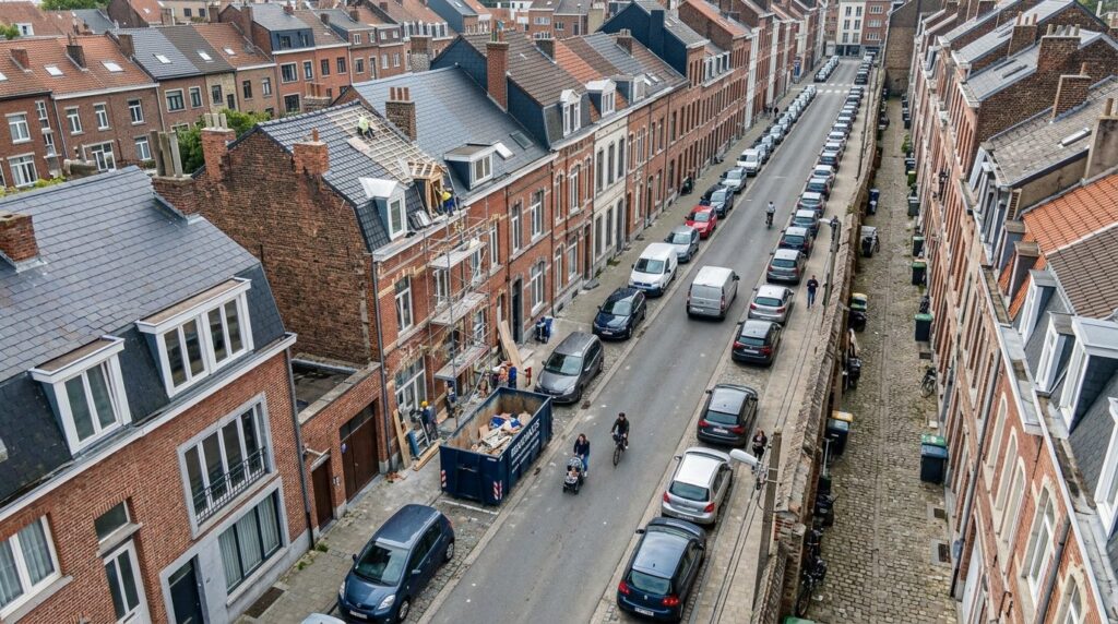 Overhead drone view of a residential street in a dense urban