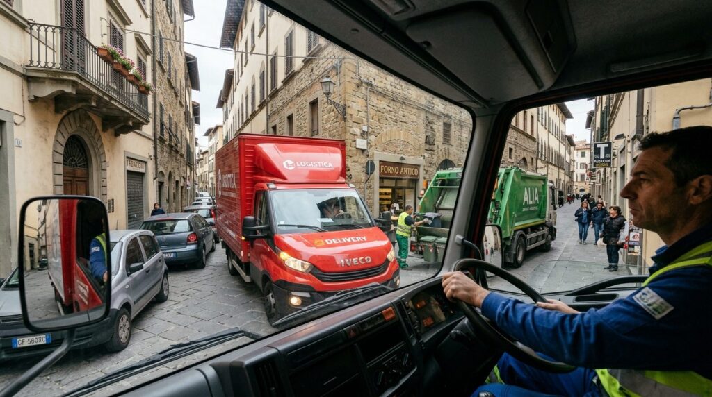 Close-up photograph of a delivery truck maneuvering carefull