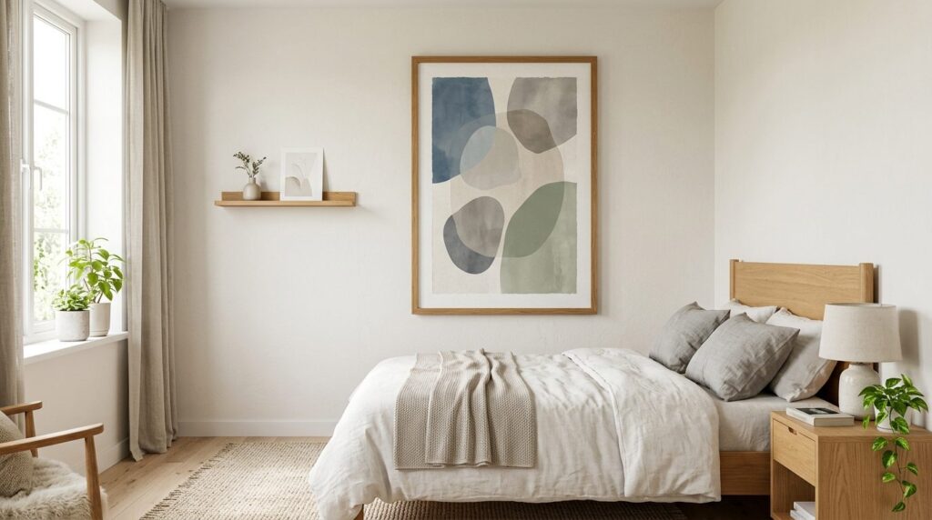 Bright Scandinavian bedroom wall featuring a large statement