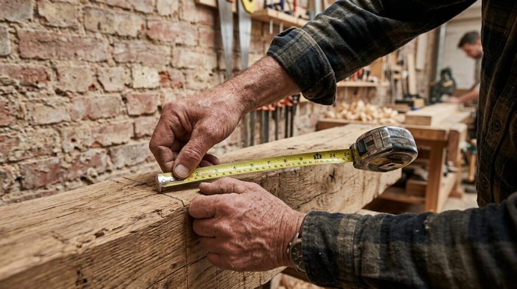Close-up of experienced carpenters hands measuring wooden b