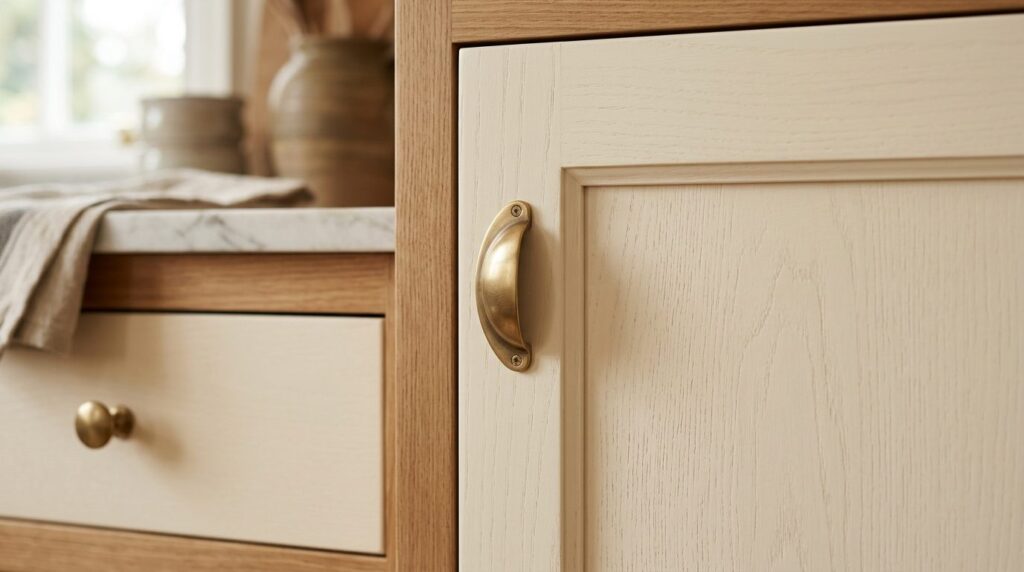 Close-up detail shot of Shaker kitchen cabinet doors with si