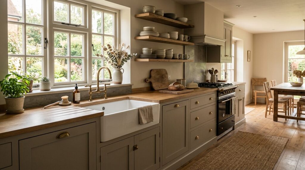 Elegant Shaker kitchen interior with neutral color palette, 