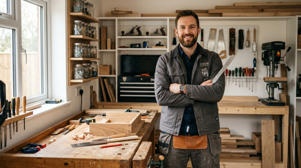 Portrait of a professional craftsman wearing premium branded