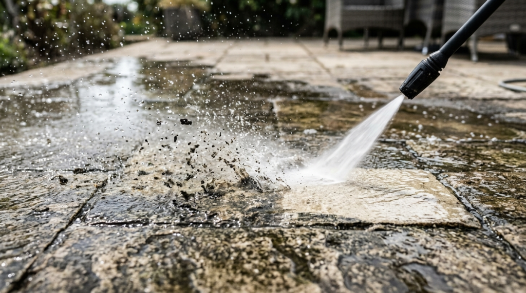 Close-up macro photography of outdoor patio tiles during pro