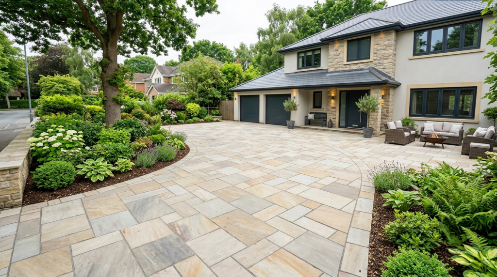 Wide-angle shot of a modern residential driveway and patio a