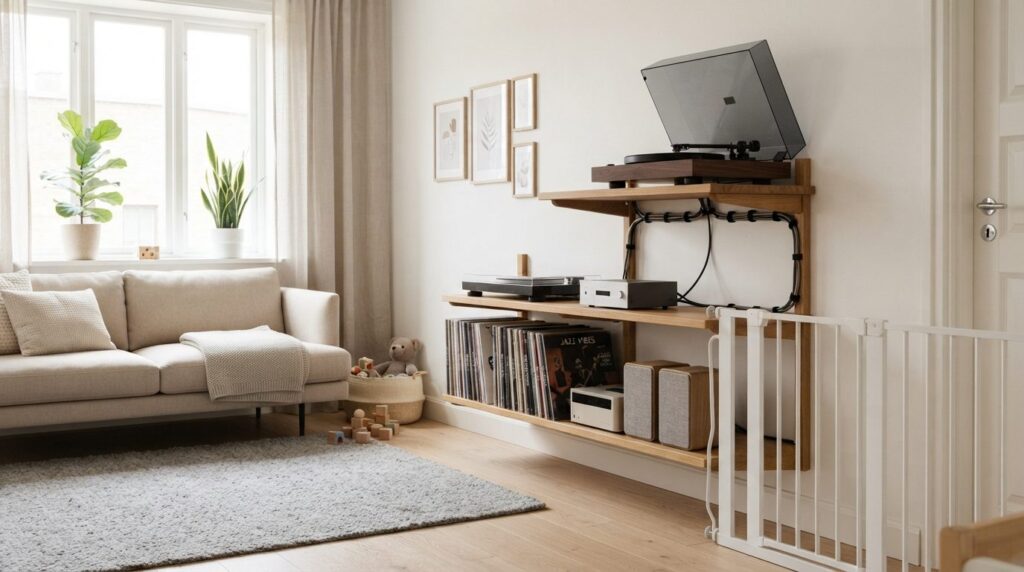 Bright, welcoming family home interior showing a safely inst