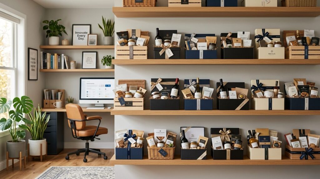 Wide shot, 16:9 ratio, corporate gift baskets elegantly arra