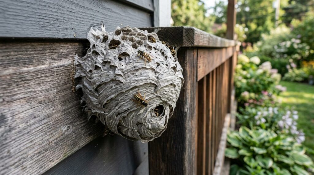 Close-up photorealistic image of a dangerous wasp nest attac