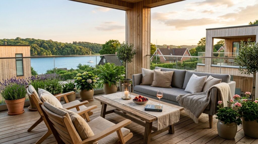Calm scene of a modern Scandinavian terrace during late summ