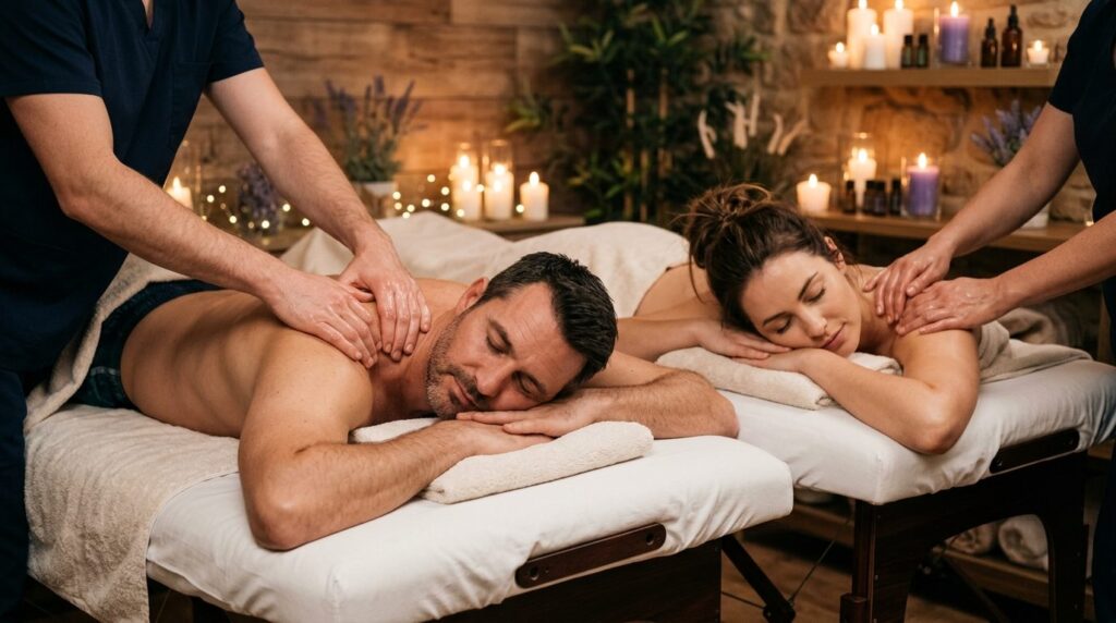 Close-up of two people receiving a relaxing couples massage 