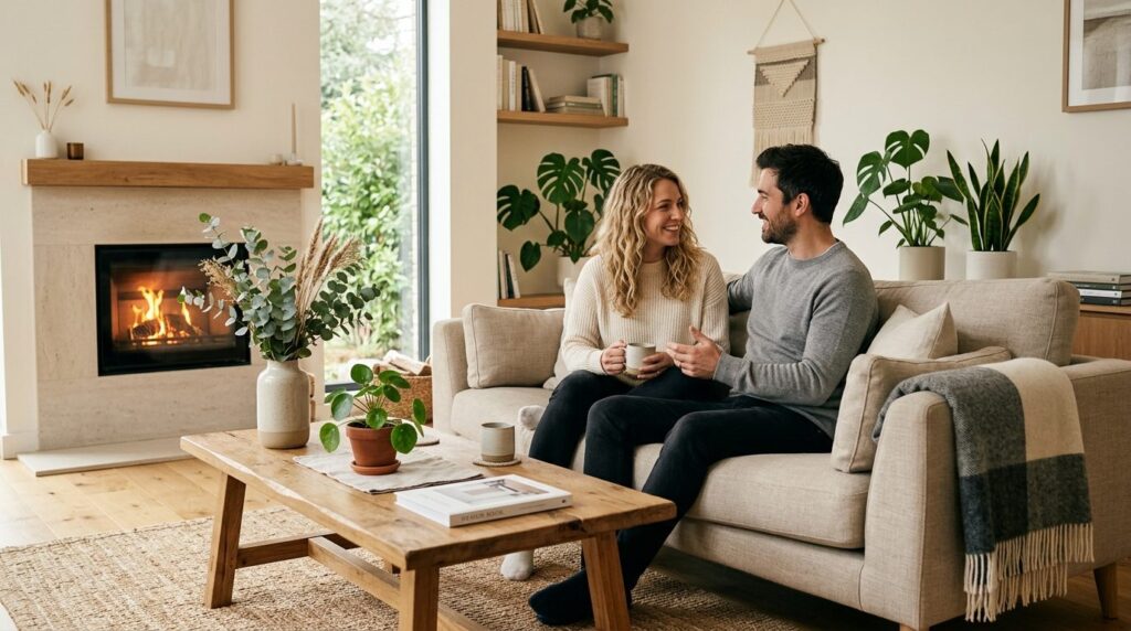 A contemporary Scandinavian living room with a couple sittin