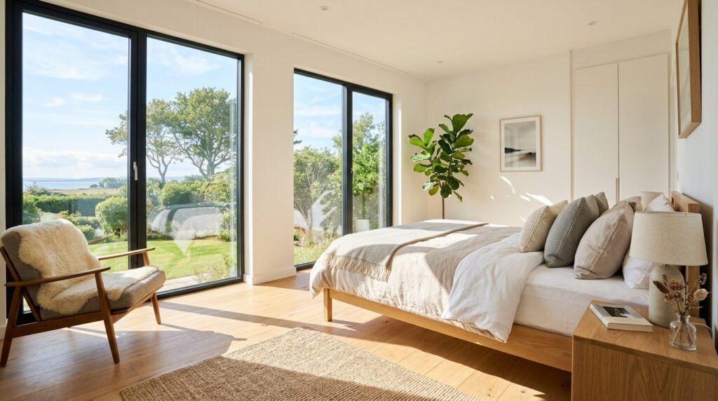 Sunlit modern Scandinavian bedroom interior with crystal-cle