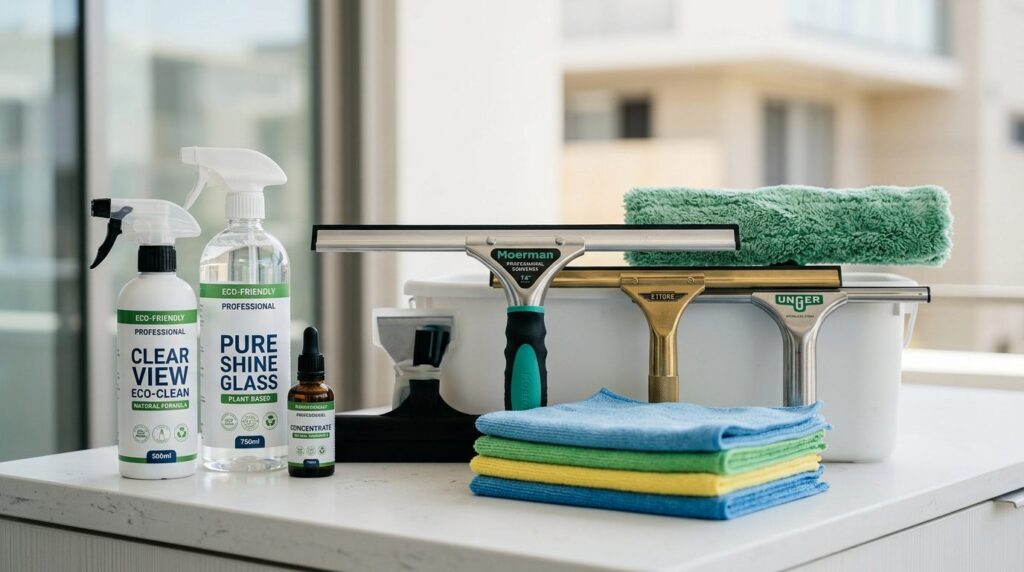 Close-up detail of professional window cleaning supplies arr