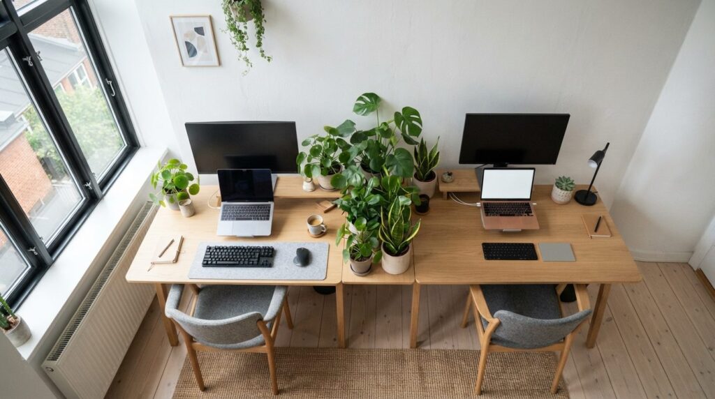 Overhead view of organized home office corner with dual work
