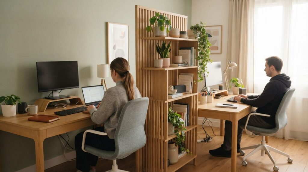 Close-up of modern home office solution showing partition sc
