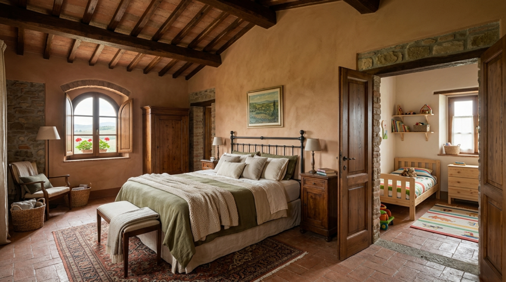 Interior photograph of a rustic yet modern Tuscan agriturism