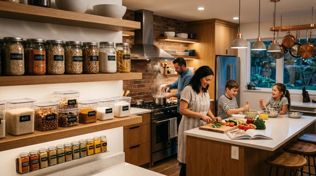 Modern home kitchen with open shelving displaying restaurant