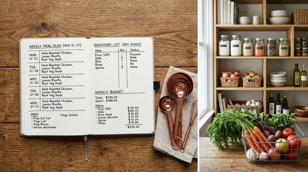 Overhead flat lay of professional chefs notebook with meal 