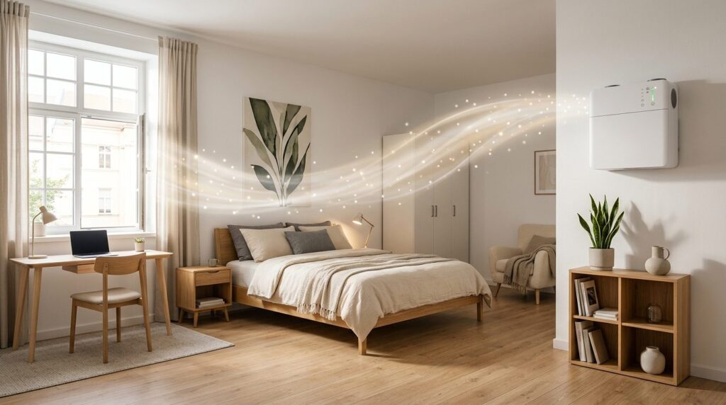Bright minimalist bedroom or studio apartment interior showi