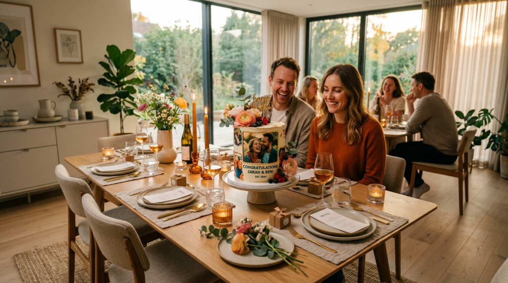 Warm-toned lifestyle photograph of a contemporary dining tab