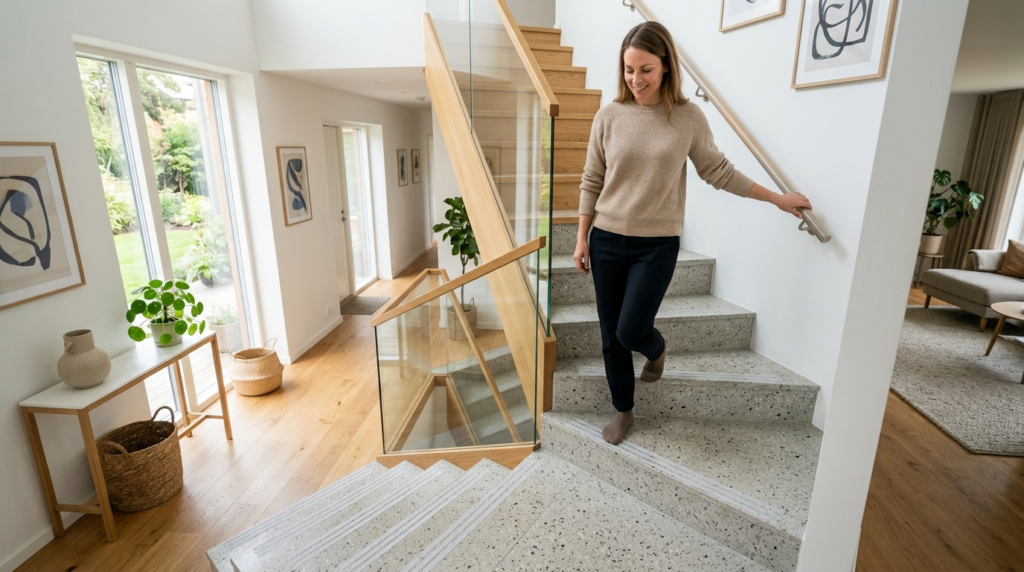 Wide angle shot of a fully prepared staircase with anti-slip