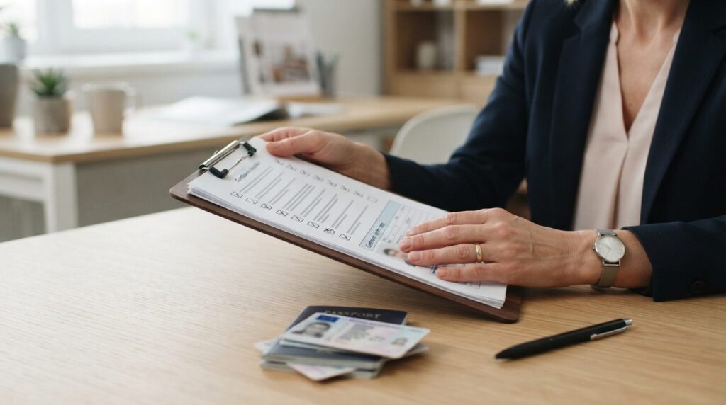 Close-up photograph of a furniture store managers hands hol