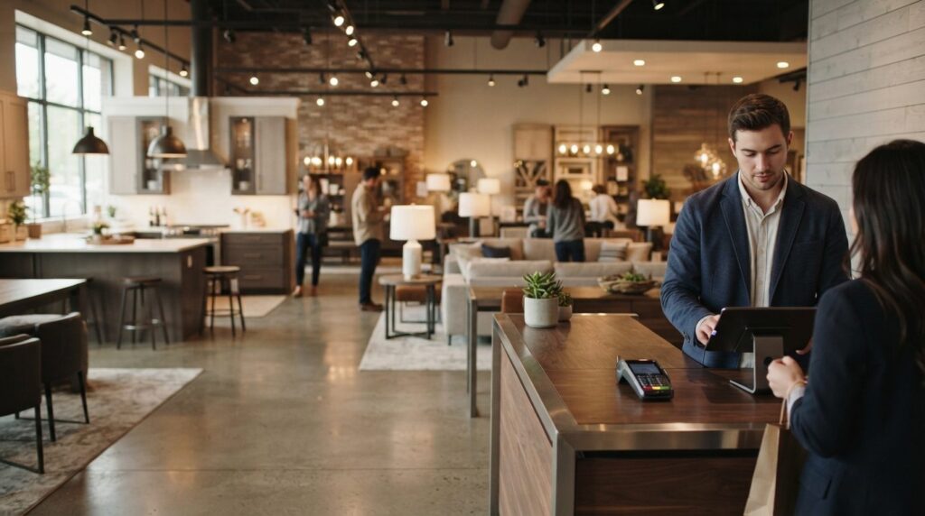 Wide shot of a contemporary kitchen and furniture showroom w
