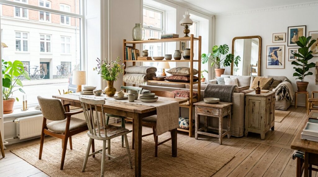 Minimalistisk stue med møbler af træ og naturlige materialer i warme farver.