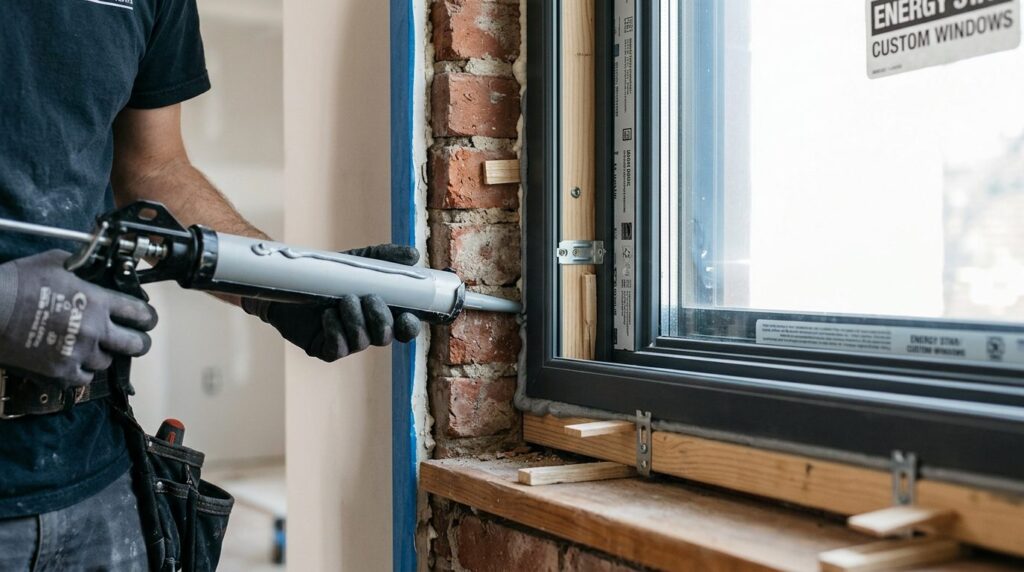 Close-up detail shot of a new custom-fitted window frame bei
