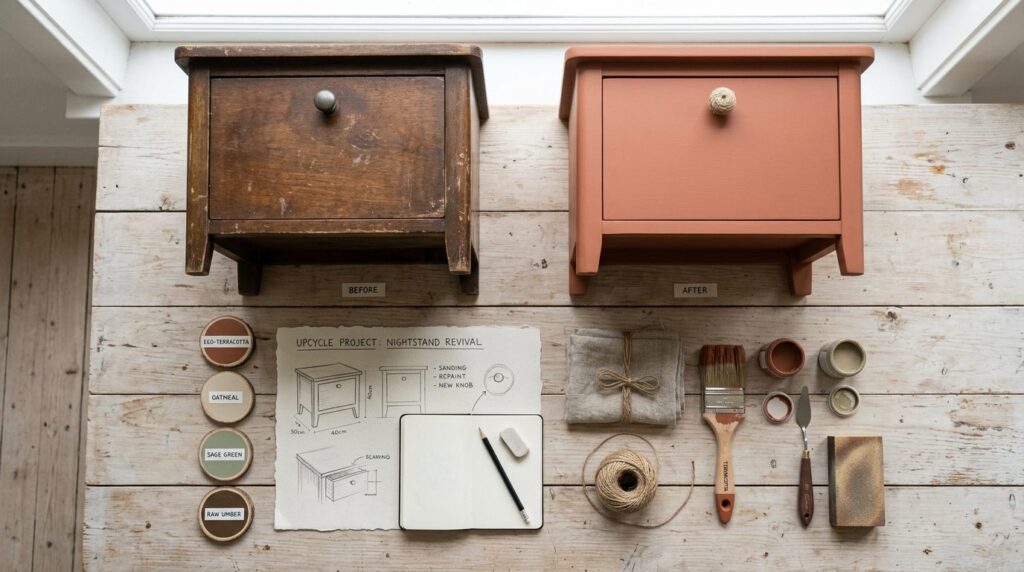 Overhead flat lay of circular economy furniture upcycling pr