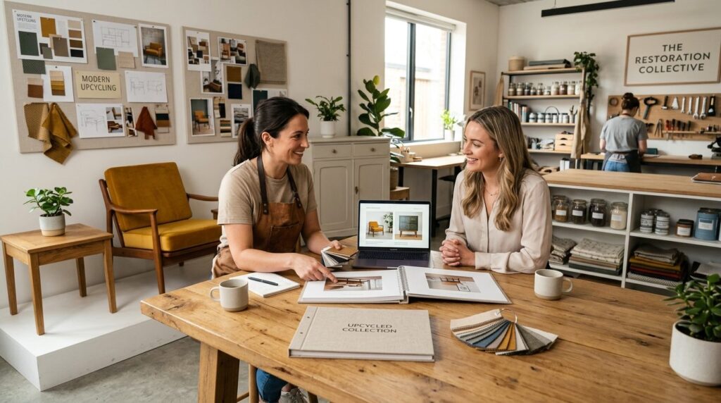 Modern interior design studio meeting between professional f