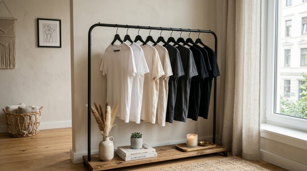 Modern urban apartment detail shot showing a metal clothing 