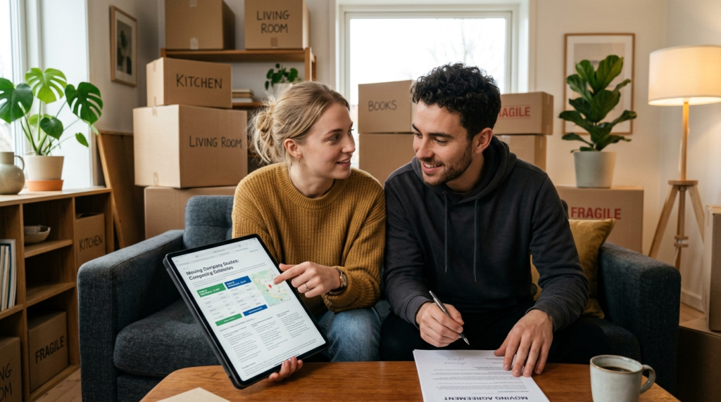 Close-up of a young couple reviewing moving company quotes a