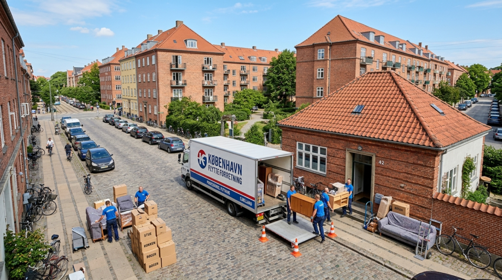 Aerial view of a professional moving truck parked outside a 