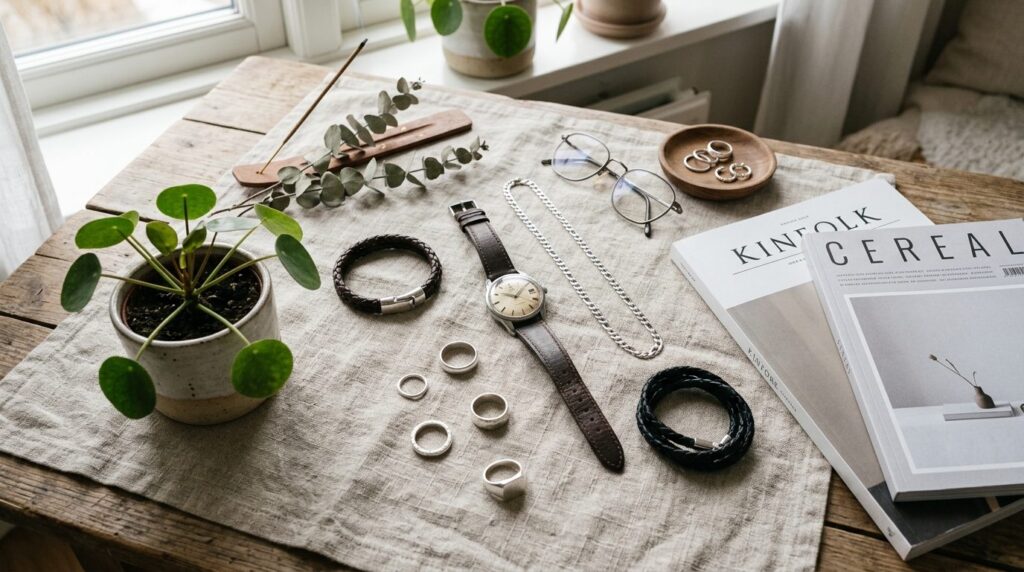Flat lay photography of a curated masculine jewelry collecti