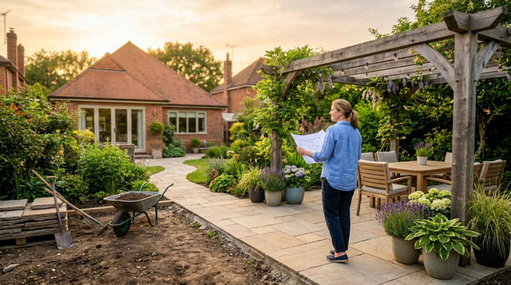 Wide-angle photograph of a completed garden patio project wi