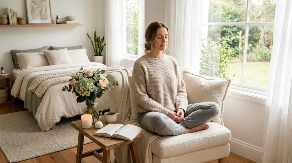 Photorealistic stock photo of a peaceful, light-filled bedro
