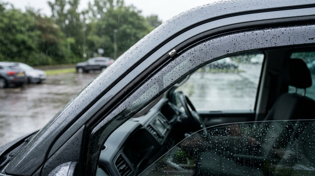 Close-up detailed shot of a dark-tinted rain deflector mount