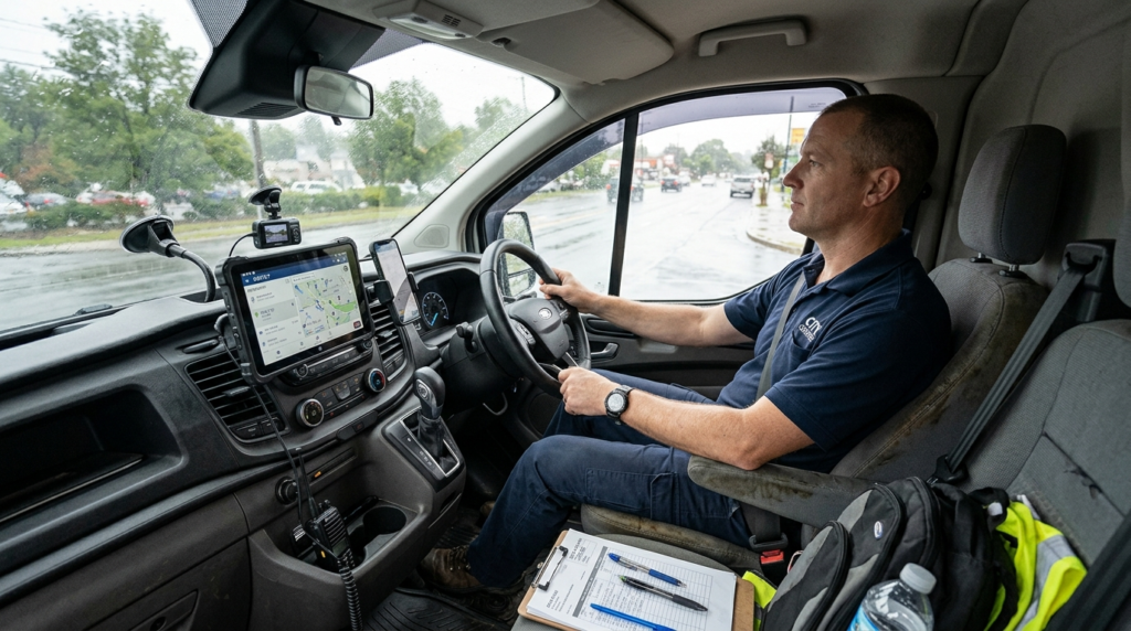 Wide interior shot of a commercial van cabin during a workda
